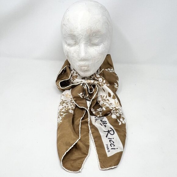 Melle Ricci Square Scarf‎ 100% Silk Brown Cream Gold Floral Bandanna 31" Paris - Picture 2 of 11